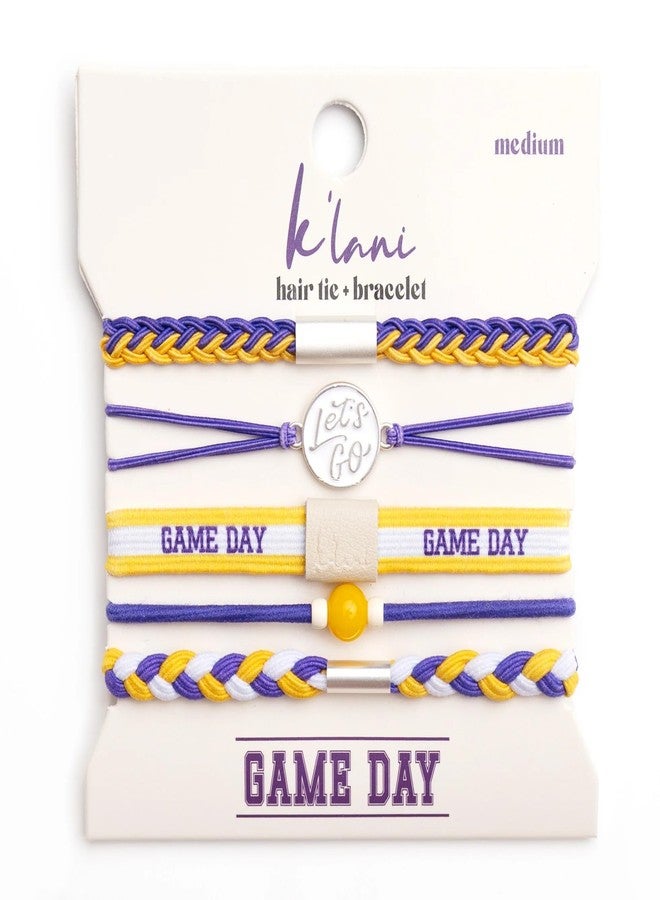 K'lani Game Day Hair Tie Bracelets – 5-Pack Stretchy No-Crease Hair Ties & Stylish Bracelets – Team Color Accessory for Hair or Wrist - Purple & Yellow, Medium - Image 1